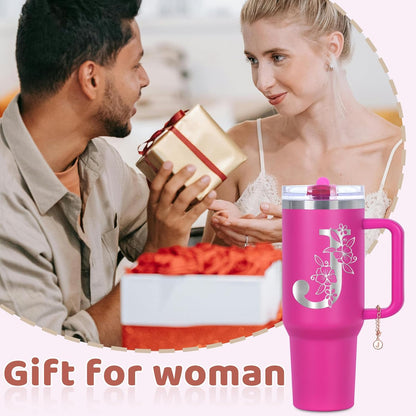Personalized 40 oz Monogrammed Tumbler with Handle and Flip Straw Lid, 100% Leak Proof stainless steel Insulated Tumbler, Customized Initial Funny Gifts for Women Mom Sisters Coworker, A