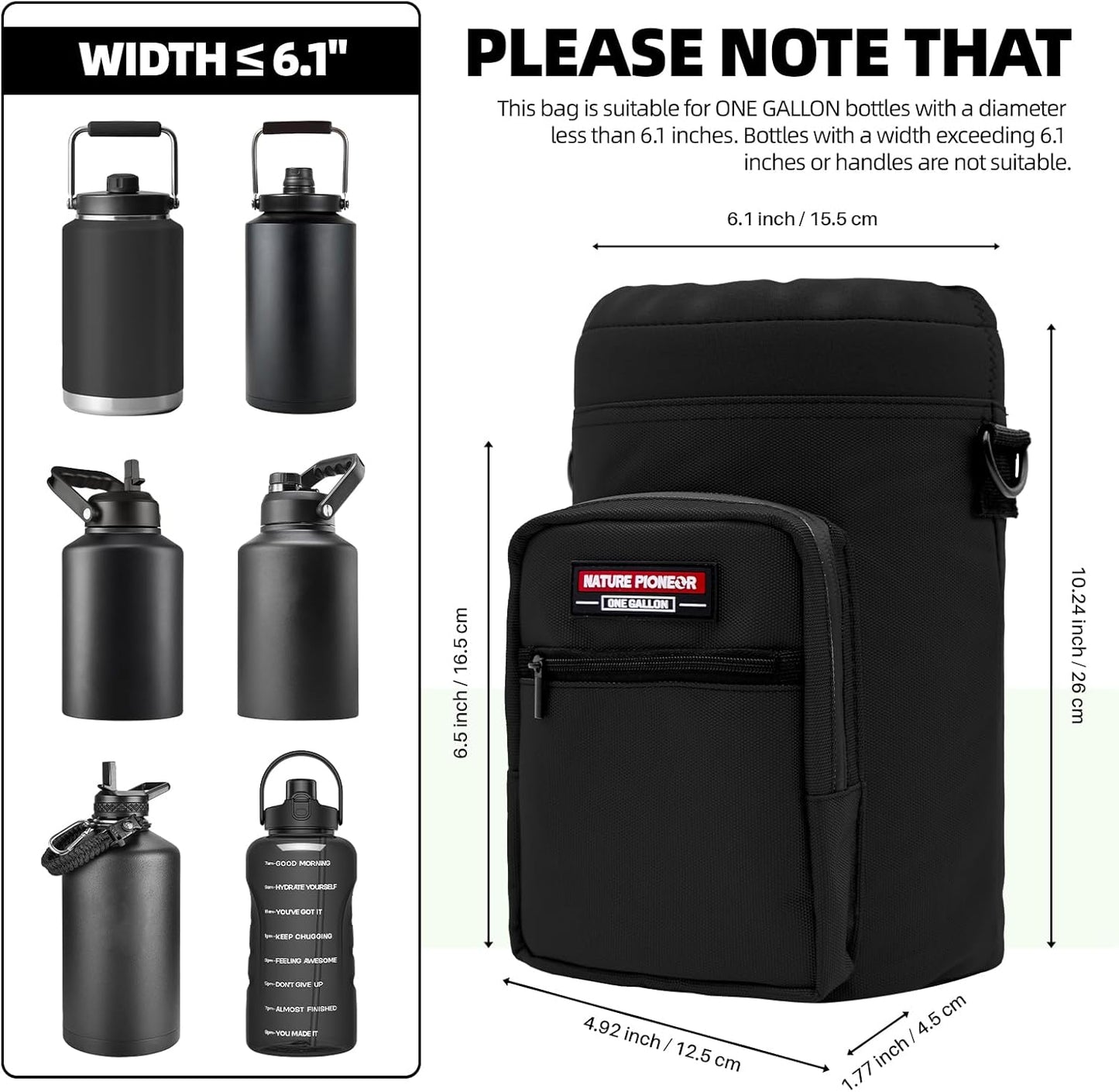 NATURE PIONEOR Water Bottle Holder with Adjustable Strap - Half/One Gallon (64/128oz) Insulated Water Bottle Sling Carrier with Phone Pocket & Paracord Handle, Outdoor Camping, Hiking, Gym