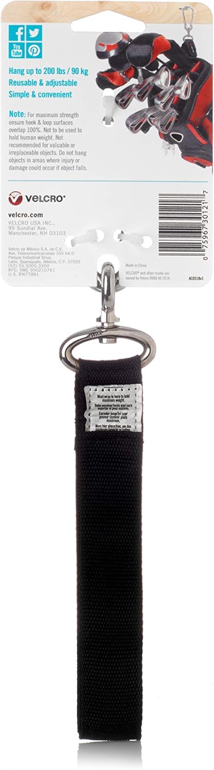VELCRO Brand VEL-30196-USA Easy Hang Strap with Carabiner Clip Attach Water Bottles and Accessories to Bikes, Bags and more. Organization for Garden, Shed, RV. Extra Small-1Pk, Black