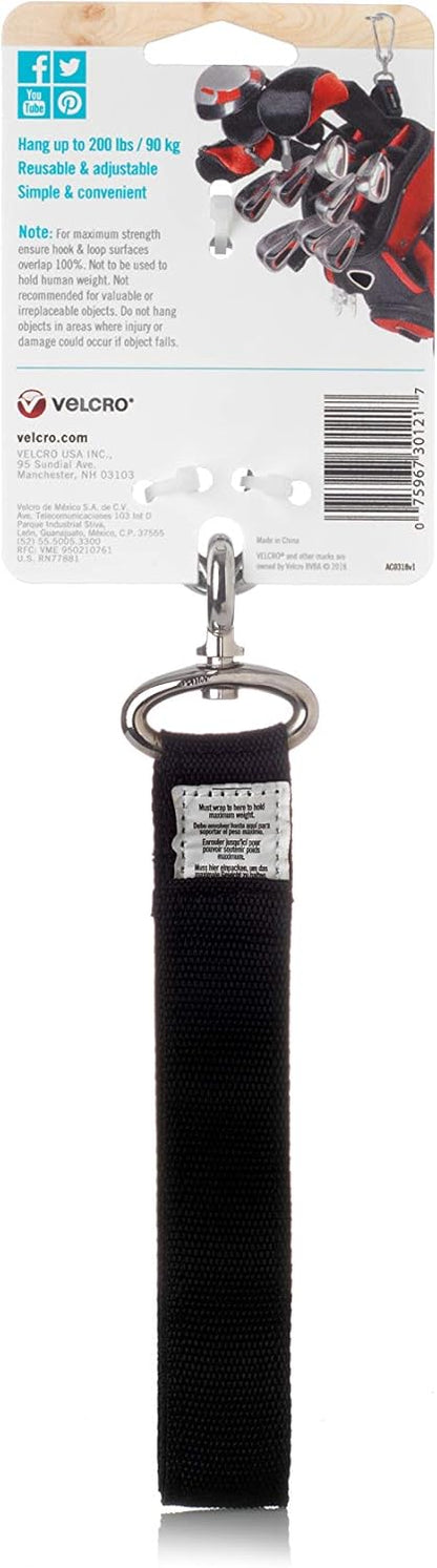VELCRO Brand VEL-30196-USA Easy Hang Strap with Carabiner Clip Attach Water Bottles and Accessories to Bikes, Bags and more. Organization for Garden, Shed, RV. Extra Small-1Pk, Black