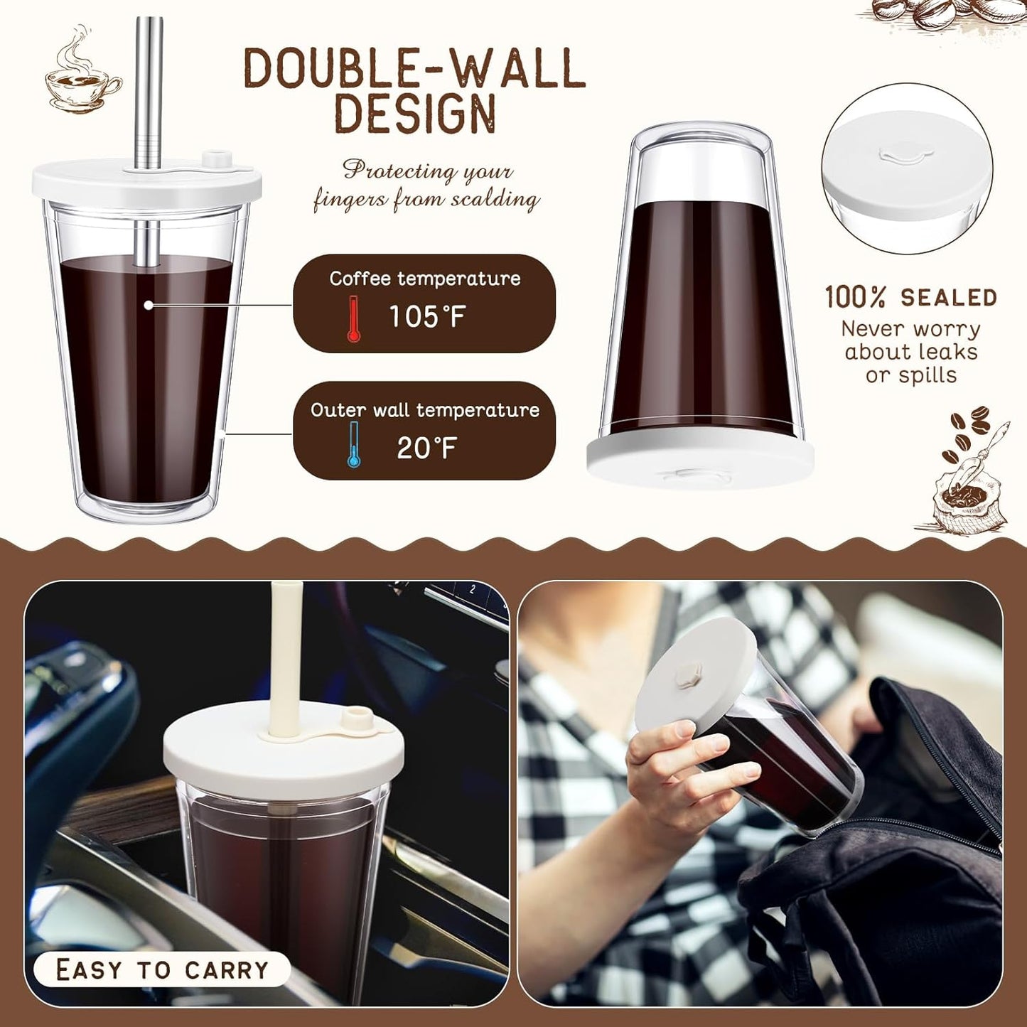 Honeydak 4 Pack 24 oz Reusable Iced Coffee Cups with Lids and Straws Leakproof Double Wall Insulated Clear Plastic Iced Coffee Tumblers with Straw Brushes