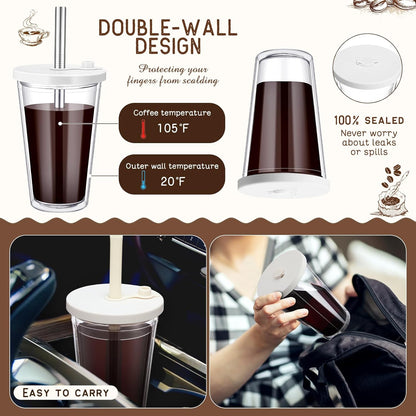 Honeydak 4 Pack 24 oz Reusable Iced Coffee Cups with Lids and Straws Leakproof Double Wall Insulated Clear Plastic Iced Coffee Tumblers with Straw Brushes