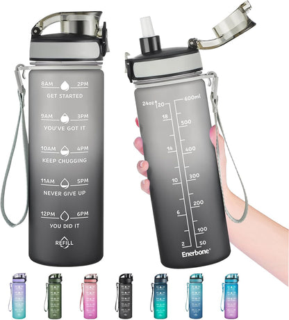Enerbone Water Bottle, Leakproof BPA & Toxic Free, Motivational Water Bottle with Times to Drink and Straw, Fitness Sports Water Bottle with Strap for Office, Gym, Outdoor Sports