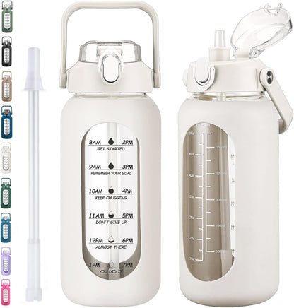 64oz Glass Water Bottles with Straw, Half Gallon Motivational Glass Bottle with Silicone Sleeve and Time Marker, 2L Leakproof Large Glass Water Jug for Gym Home Office,olive