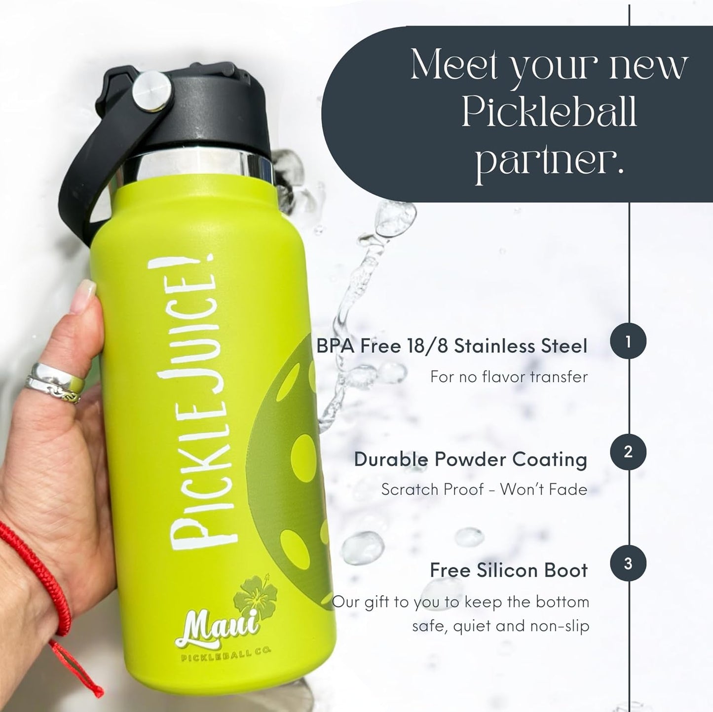 Maui Pickleball Co.™ Pickleball Water Bottle 32oz Insulated Stainless Steel Water Bottle PickleBall Accessories Pickleball Gifts Sip/Swig Lid with Carry Handle