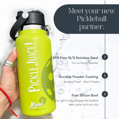 Maui Pickleball Co.™ Pickleball Water Bottle 32oz Insulated Stainless Steel Water Bottle PickleBall Accessories Pickleball Gifts Sip/Swig Lid with Carry Handle