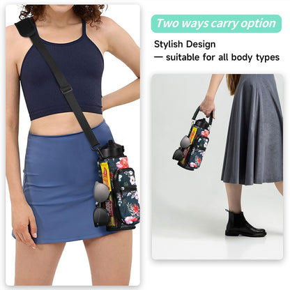 AceTreker 32/40/64/87/128 oz Water Bottle Carrier Bag, Neoprene Water Bottle Sleeve with 4 Pocket, Sport Water Holder with Paracord Handle and Shoulder Strap for Walking Hiking Camping Gym