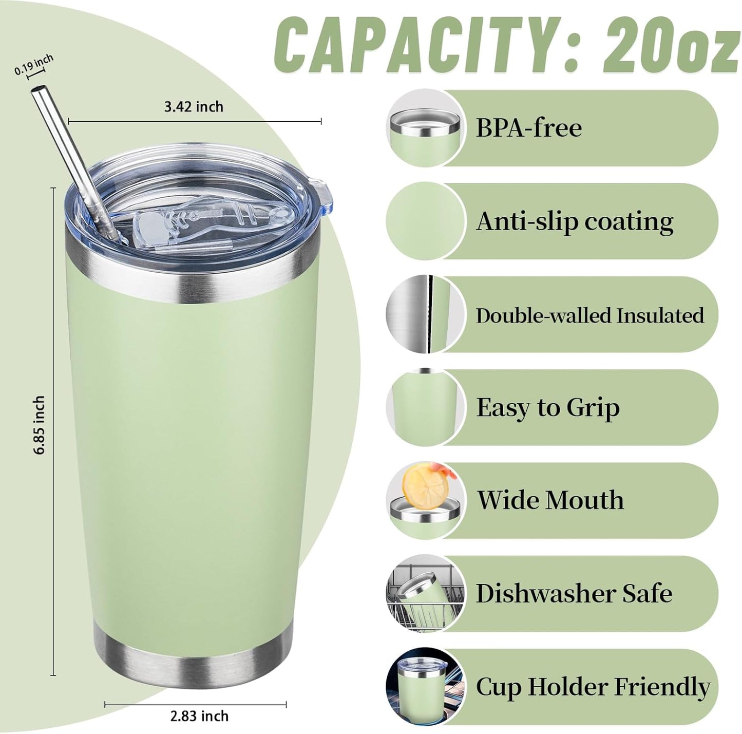 20 oz Tumbler with Lids and Straws, Stainless Steel Insulated Travel Coffee Mug, Double Wall Vacuum Insulated Tumblers, Powder Coated Coffee Tumbler for Cold & Hot Drinks (Light Purple)