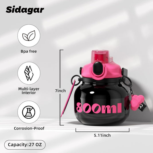 60 oz Big Gallon Water Bottle with Straw and Carry Handle, Black Wide Mouth Vacuum Water Jug, Insulated Stainless Steel Bottles; Heavy-Duty Aesthetic Yoga Flask for Women, Sweet & Cool Black