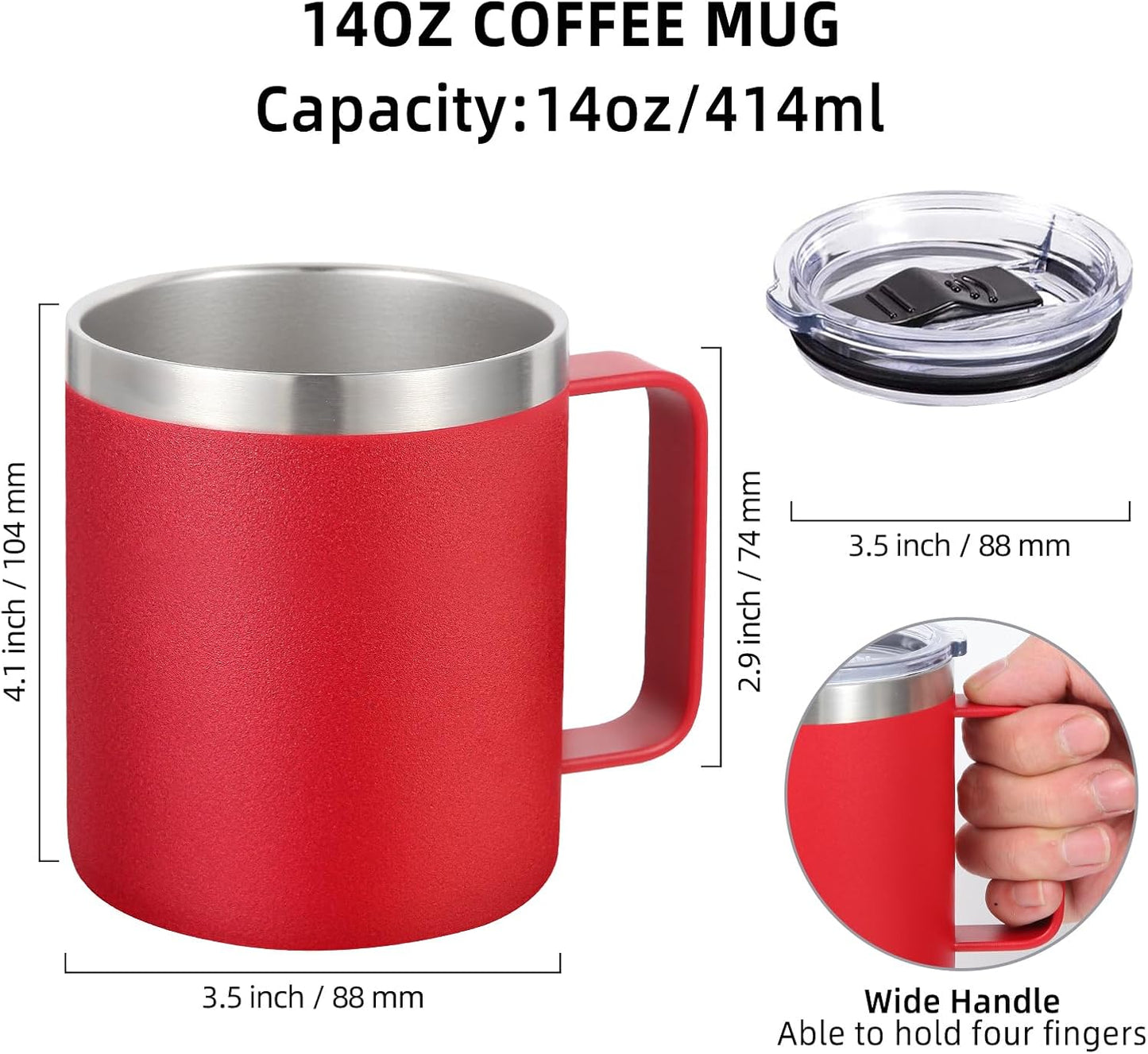 Volhoply 14oz Insulated Stainless Steel Coffee Mug with Lid Bulk 4 Pack,Double Wall Vacuum Travel Coffee Cup with Handle,Reusable Metal Cups Tumbler Cup,Camping Mugs,Ideal Gifts(Mix,4)