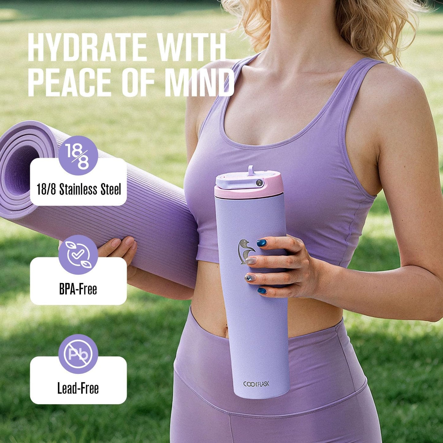Coolflask Water Bottle 40 oz Fits Car Cup Holder, Slim Tumbler Stainless Steel with Straw & Handle, Vacuum Flask Leakproof Wide Mouth for Travel Sports Gym, Black
