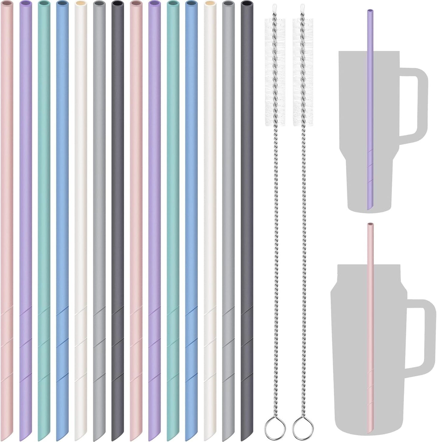 NiHome 14PCS Silicone Straws Fit for Stanley 40oz 30oz Tumbler, 14” Extra Long Reusable Drinking Straw, Flexible Can Cut Length for 1/Half Gallon 75 64 OZ Large Water Bottle - 2 Brushes (Rainbow)
