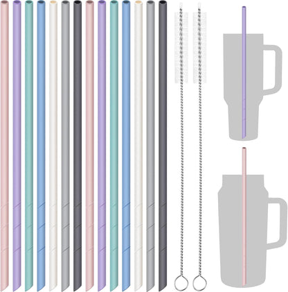 NiHome 14PCS Silicone Straws Fit for Stanley 40oz 30oz Tumbler, 14” Extra Long Reusable Drinking Straw, Flexible Can Cut Length for 1/Half Gallon 75 64 OZ Large Water Bottle - 2 Brushes (Rainbow)