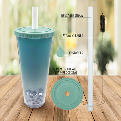 Bumbler Original Boba Tea Cup - 24oz Double-Walled Plastic Reusable Tumbler with Extra Wide Straw & Leak-Proof Lid - BPA-Free Smoothie & Iced Coffee Travel Mug - Blush Pink