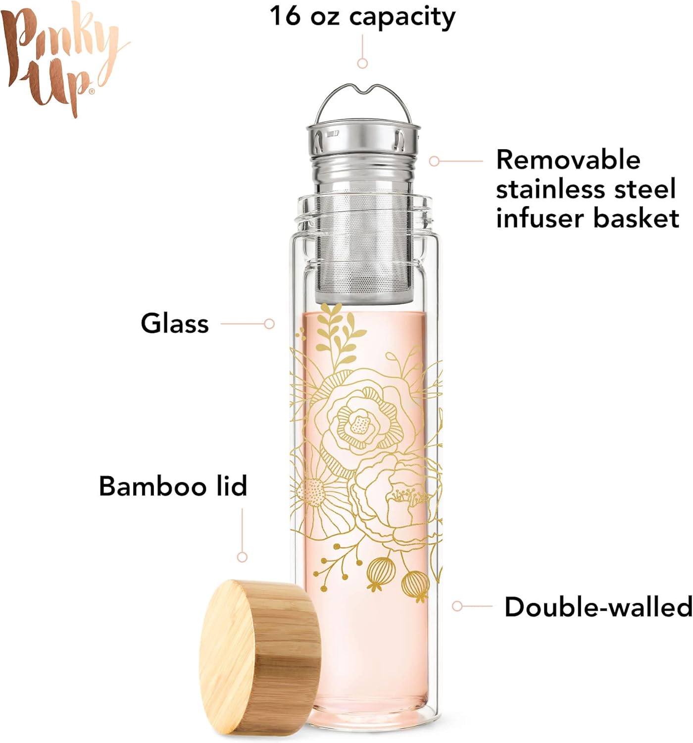 Pinky Up Blair Travel Tea Infuser Mug, Double Walled Insulated Travel Tumbler with Loose Leaf Tea Strainer, Travel Coffee Mug, Keeps Drinks Hot or Cold, 16 oz, White Leaf