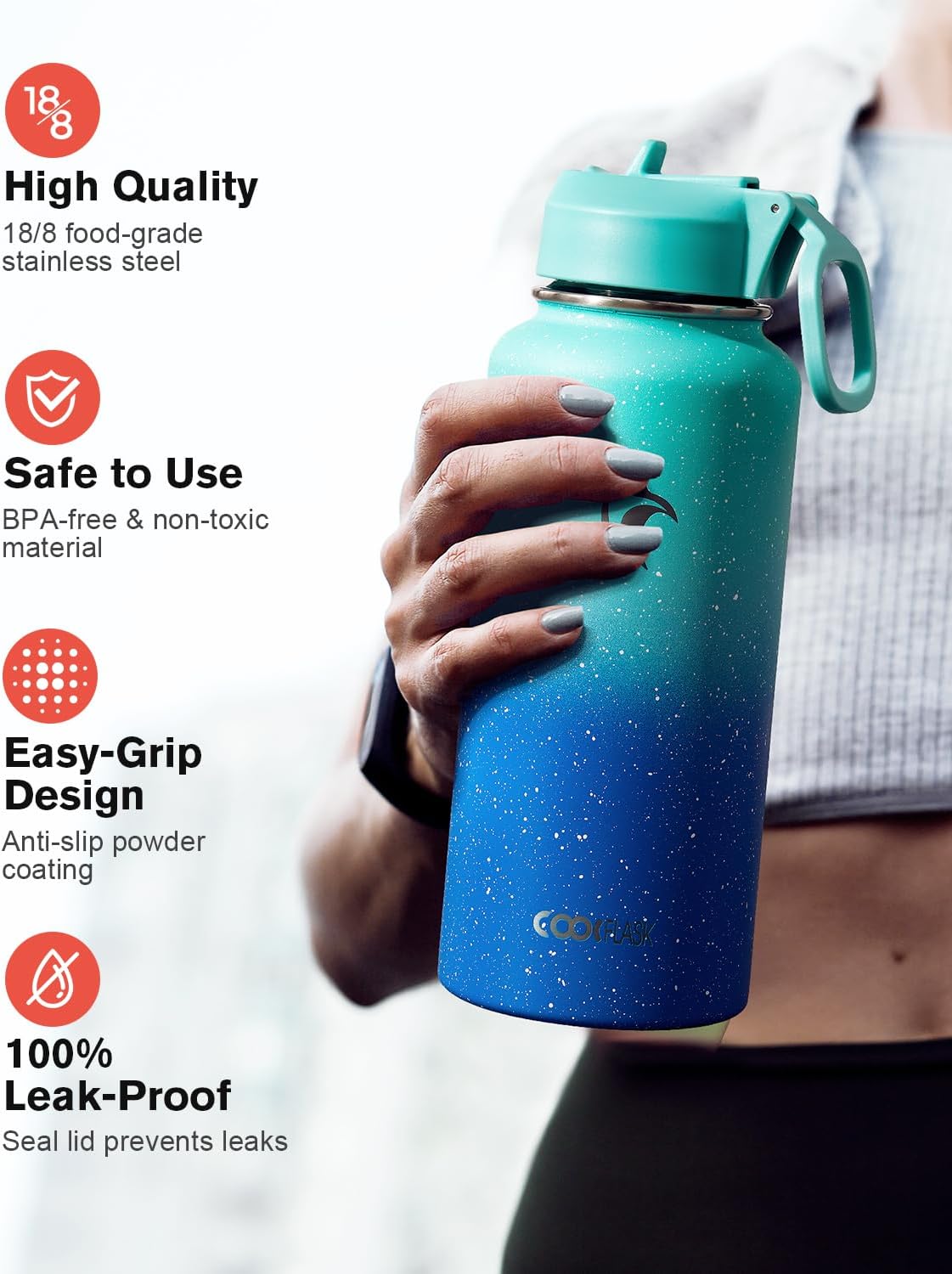 Half Gallon Water Bottle Insulated with Straw & 3 Lids, Coolflask 64 oz Water Jug Large Metal Stainless Steel Wide Mouth for Sports, Gym or Office, Non-BPA Keep Cold 48H Hot 24H, Samurai Cyan