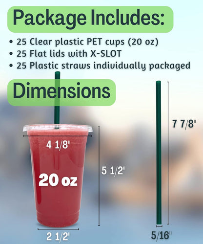Cappatua 20 oz Clear Plastic Cups with Lids and STRAWS, Disposable Drinking Cups for Cold Drinks, Iced Coffee, Milkshakes, Smoothies, 25 Sets