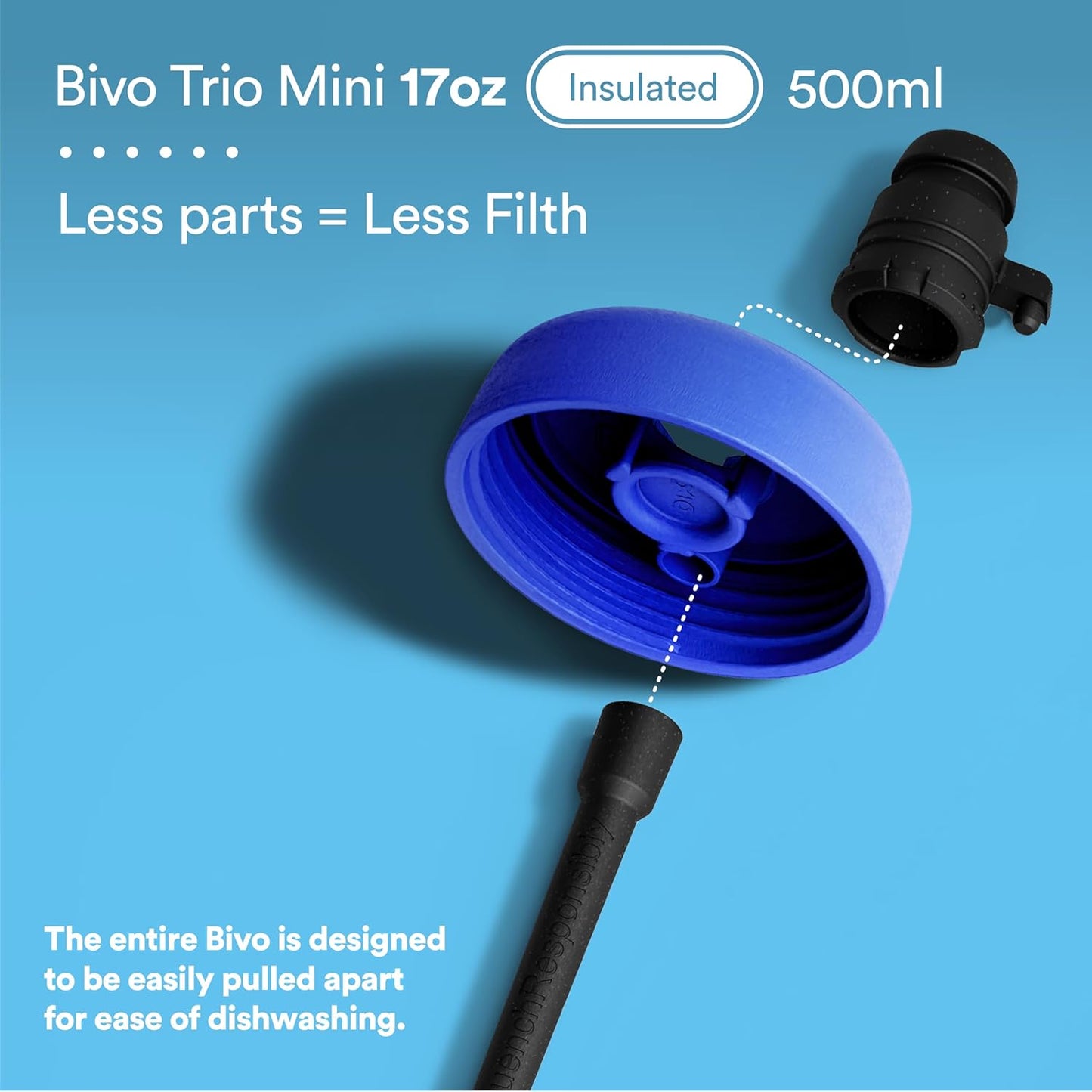 bivo Trio Mini 17oz Insulated Stainless Steel Bike Water Bottle - for Cycling - Compact, Fits Most Cages, Dishwasher Safe, High Flow Sports Nozzle - Keeps Drinks Cold 12+ Hours - (Raw)