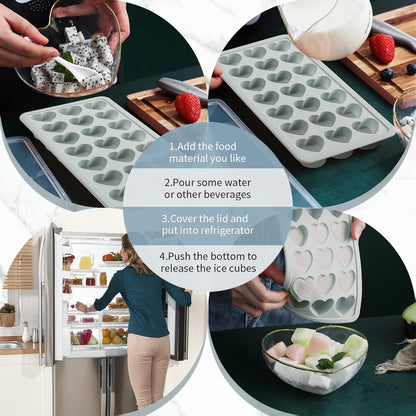 Heart Shape Ice Cube Tray, 21 Holes Silicone Ice Cube Mold with Removable Lid Flexible for Whiskey Cocktail Chocolate