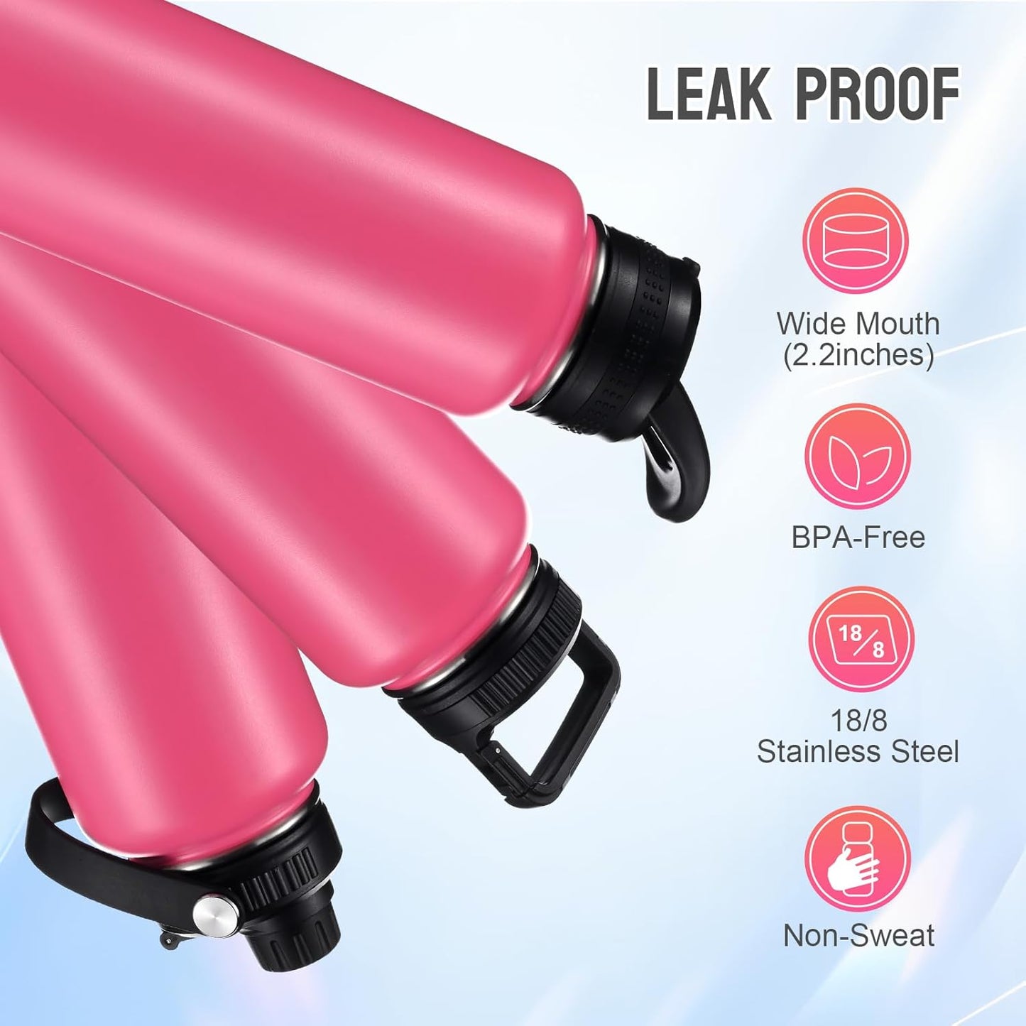 Insulated Water Bottles with Straw 40 oz Leak Proof, Vacuum Insulated Stainless Steel Sport Tumbler with 3 Lids Straw, Spout and Handle Lid for Sports, Gym or Office,Hot Pink