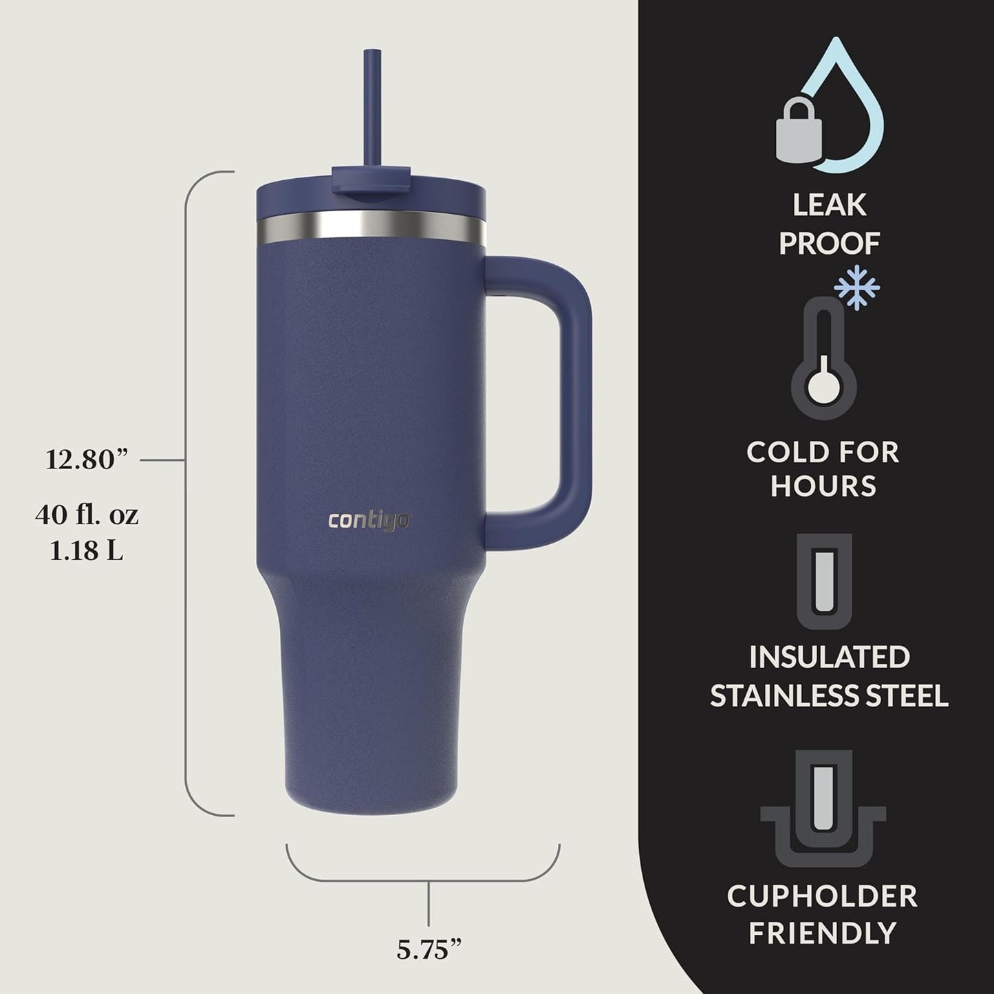 Contigo Streeterville 40oz Tumbler, Stainless Steel Vacuum Insulated, Leak-Proof, Cold for 29 Hours, Reef
