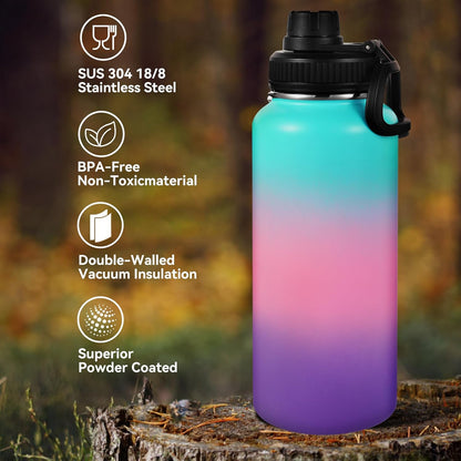 Neihepal 32 oz Insulated Water Bottle with 2 Lids (Straw & Spout Lid), 18/8 Stainless Steel Double Wall Water Bottles for Gym, Travel, Camping, Sports (Silver,1 Pack)