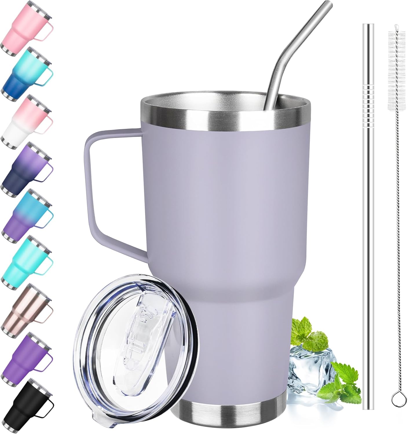 40 oz Tumbler with Handle, Insulated Tumbler with Lid and Straw, Reusable Stainless Steel Vacuum Insulated Cup, 100% Leak Proof Thermal Travel Coffee Mug Cup for Cold and Hot (Light Purple)