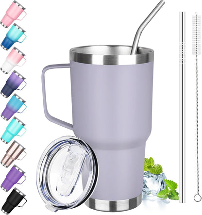 40 oz Tumbler with Handle, Insulated Tumbler with Lid and Straw, Reusable Stainless Steel Vacuum Insulated Cup, 100% Leak Proof Thermal Travel Coffee Mug Cup for Cold and Hot (Light Purple)