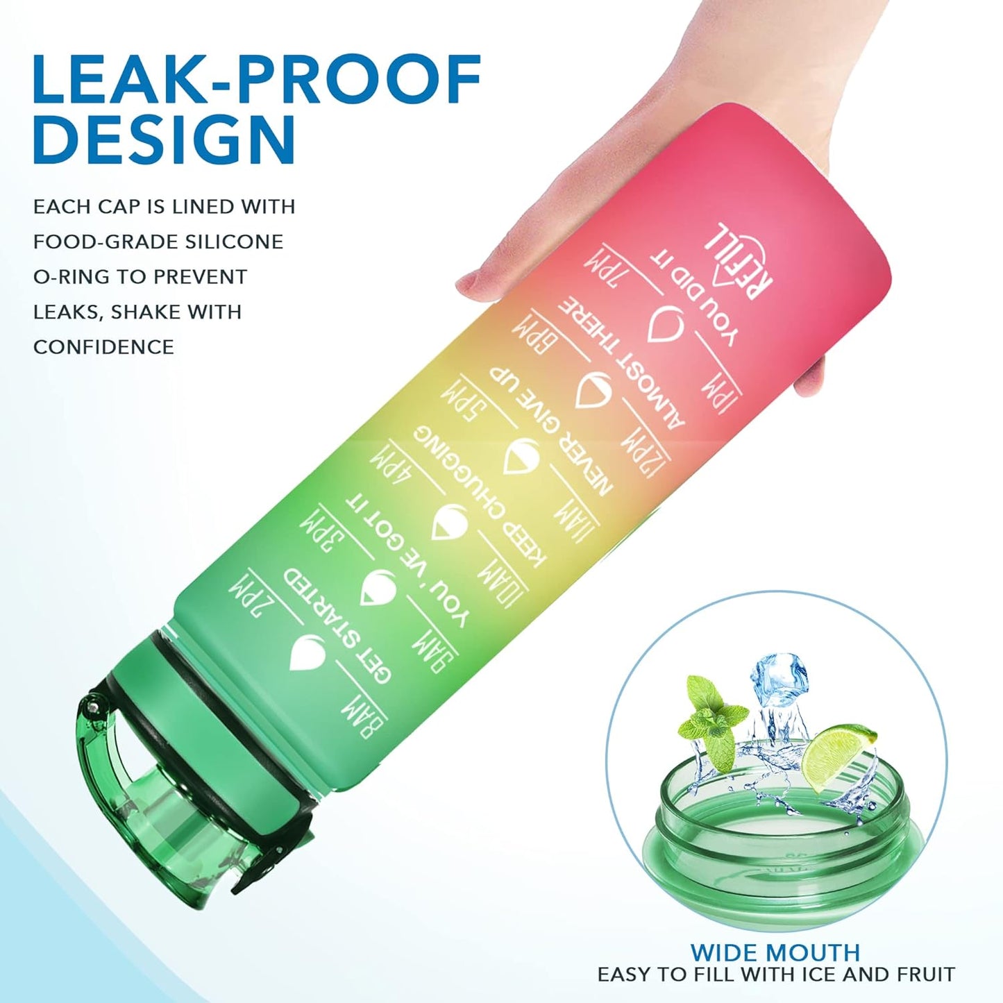 Enerbone Water Bottle, Leakproof BPA & Toxic Free, Motivational Water Bottle with Times to Drink and Straw, Fitness Sports Water Bottle with Strap for Office, Gym, Outdoor Sports