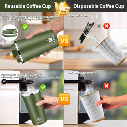 Insulated Travel Coffee Mug Reusable Coffee Tumbler Cup with Flip Lid Leak Proof Spill Proof for Office School Party Camping Hot and Cold Drink,Stainless Steel 17oz (Black)