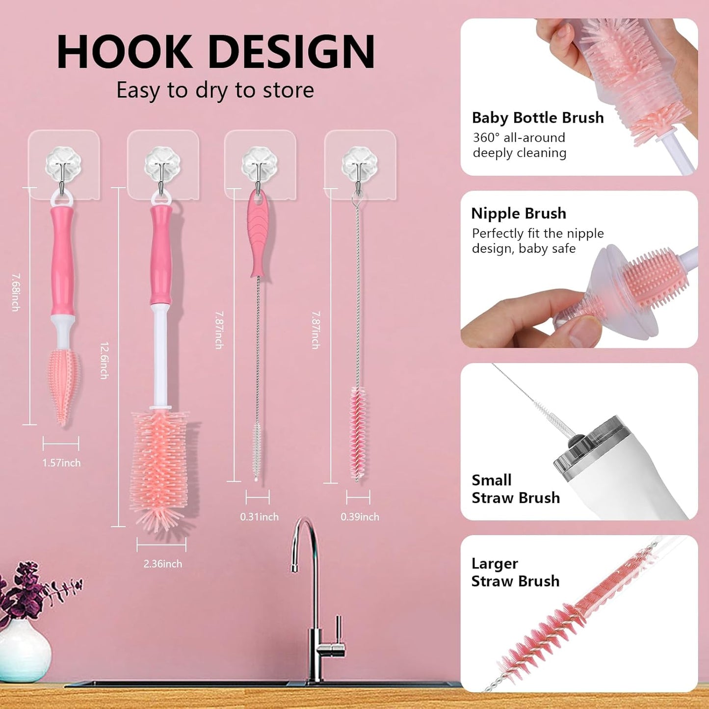 Silicone Cleaning Brush Kit – Household Cleaning Brushes for Bottles and Crevices – Food-Grade Silicone: Dishwasher Safe