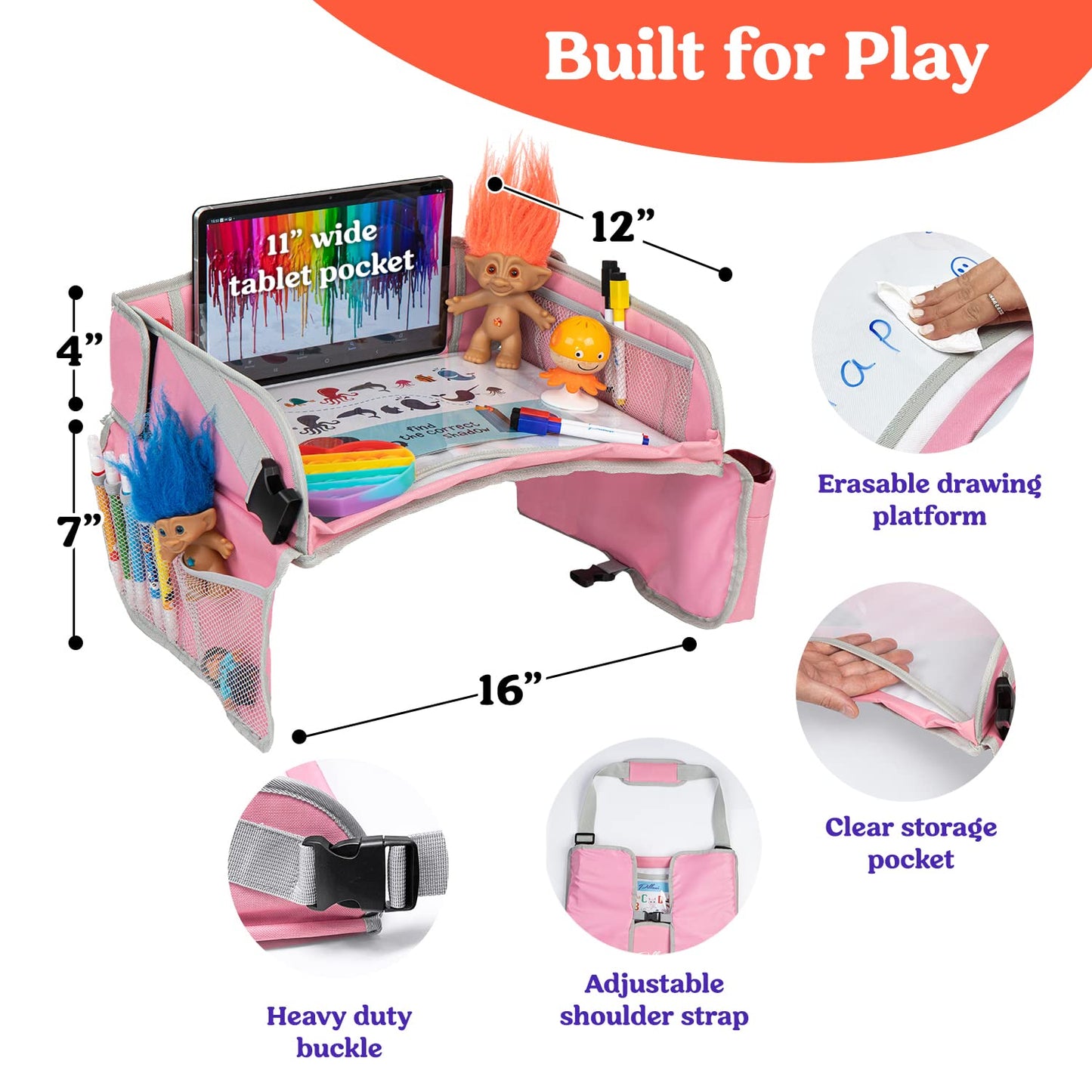 PILLANI Kids Travel Tray for Car - Car Seat Tray with Activity Sheets & Pens, Road Trip Essentials for Car & Airplane, Must Have Toddler Travel Lap Desk Accessories - Road Trip Activities for Kids