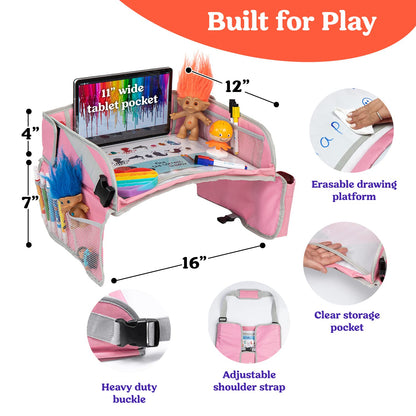 PILLANI Kids Travel Tray for Car - Car Seat Tray with Activity Sheets & Pens, Road Trip Essentials for Car & Airplane, Must Have Toddler Travel Lap Desk Accessories - Road Trip Activities for Kids