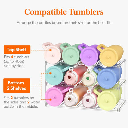 Lifewit Stackable Bottle Storage Organizer, Clear Freestanding Wine Holder for Cabinet, Large Slot Water Bottle Tumbler Cup Organizer for Pantry, Plastic Wine Rack for Fridge Cellar, 3Tier Hold 9