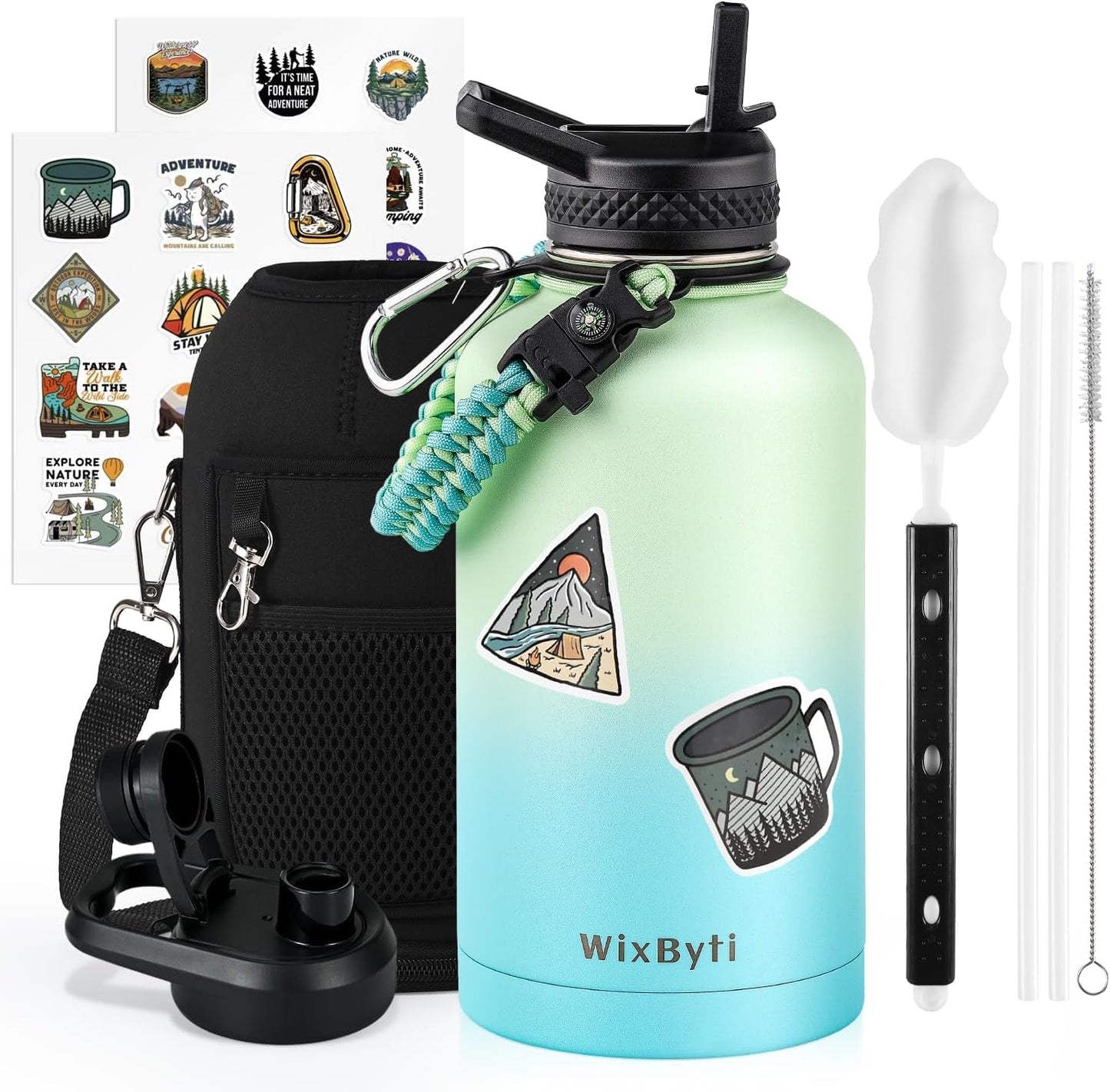 WixByti 40 oz Insulated Water Bottle with Straw (Cold for 36 Hrs), Stainless Steel Triple Wall Vacuum Sports Water Jug, Leakproof Hydro Cup Flask with Paracord Handle & Straw Spout Lids & DIY Stickers