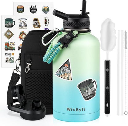WixByti 40 oz Insulated Water Bottle with Straw (Cold for 36 Hrs), Stainless Steel Triple Wall Vacuum Sports Water Jug, Leakproof Hydro Cup Flask with Paracord Handle & Straw Spout Lids & DIY Stickers