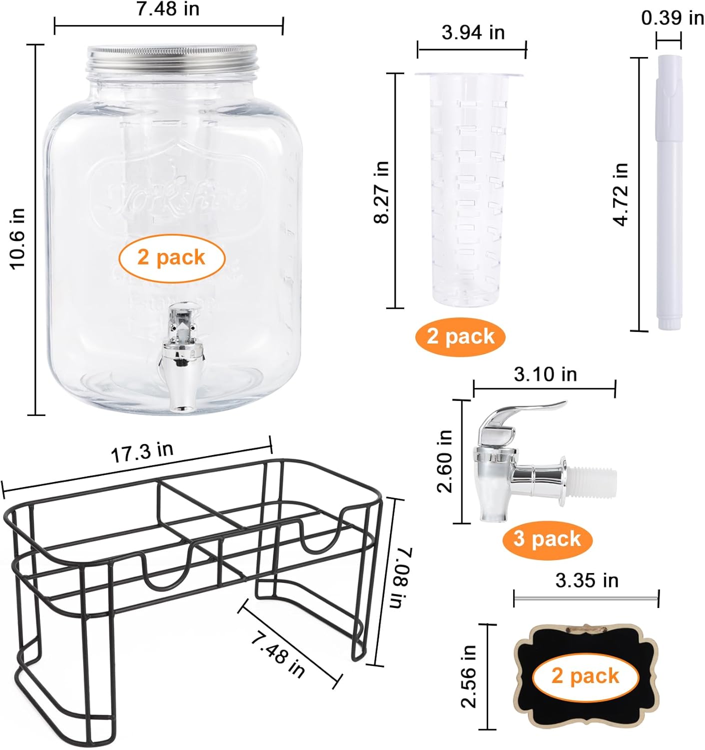 1 Gallon Glass Drink Dispensers For Parties-Set of 2,Drink Dispenser with Fruit Infuser & Stand,Juice or Beverage Dispenser for BBQ, Picnic, Party,Laundry Detergent Dispenser