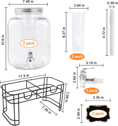 1 Gallon Glass Drink Dispensers For Parties-Set of 2,Drink Dispenser with Fruit Infuser & Stand,Juice or Beverage Dispenser for BBQ, Picnic, Party,Laundry Detergent Dispenser