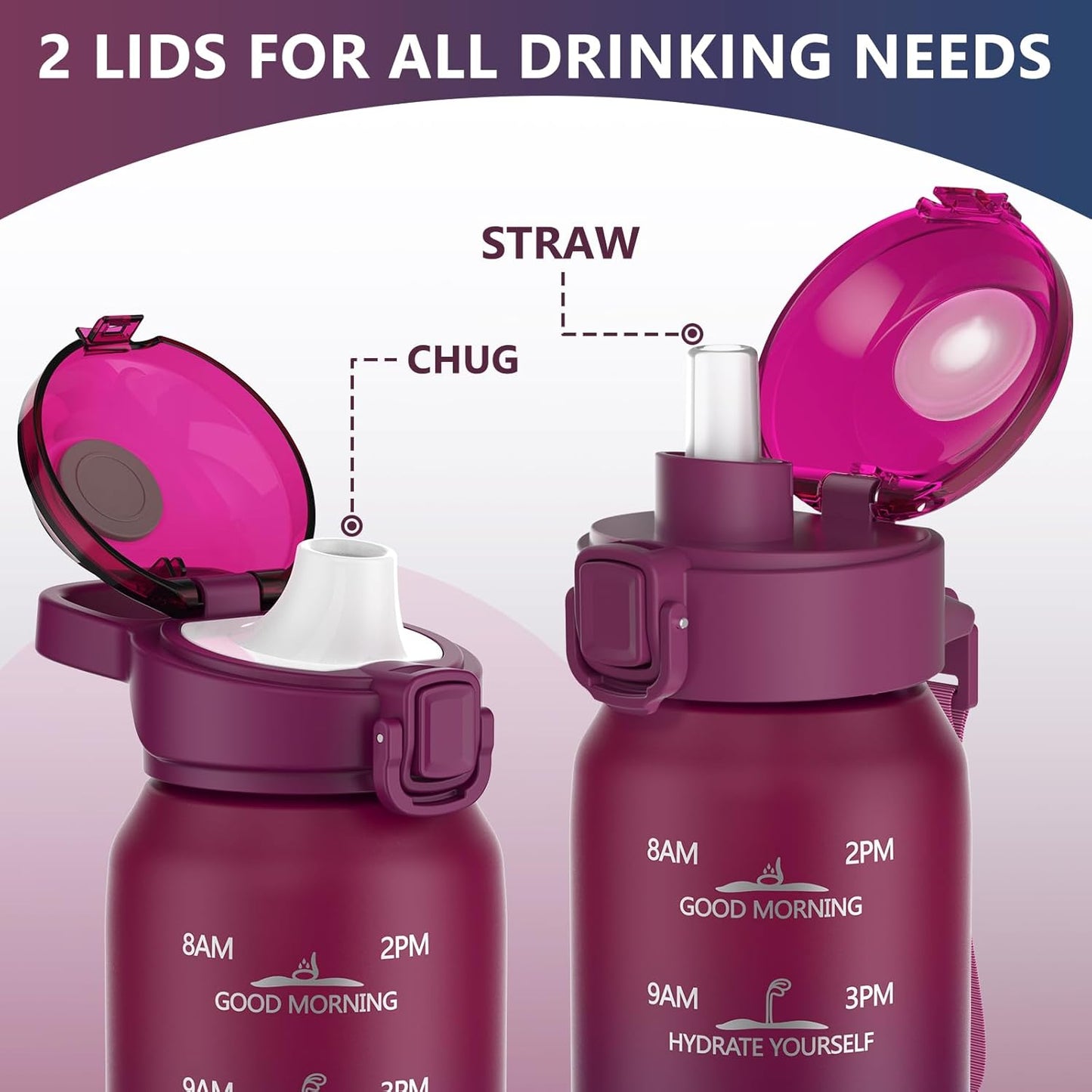 SLUXKE 24oz Insulated Water Bottle 18/10 Stainless Steel with 2Lids(Straw Lid& Spout Lids), 700ml Double Wall Vacuum Water Bottle with Handle Keep Cold and Hot for Men, Women & Kids PURPLE PINK