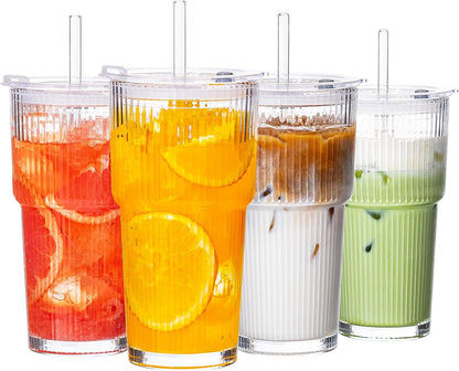 Glass Cups with Lids and Straws 4 Pack, 20oz Ribbed Glass Cups, Leak Resistant Iced Coffee Tumblers, Thick Reusable Drinking Glasses, Fits Car Cup Holder, Clear Coffee Bar Accessories