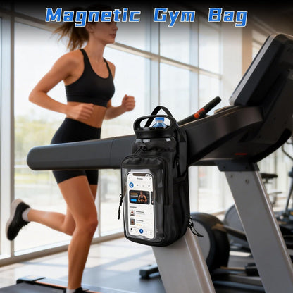 JACZZO Magnetic Gym Bag, Magnetic Gym Water Bottle Bag with Strap 4 Strong Magnets, Upgraded Clear Design Phone Bag, Gym Gifts for Men & Women Gym accessories (Black)