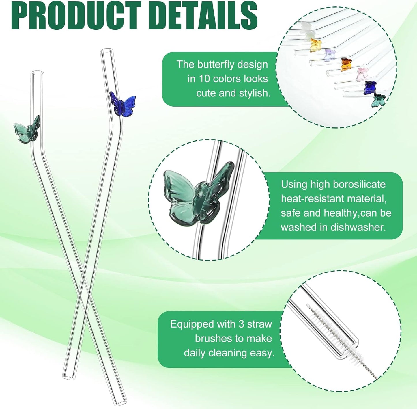 Meanplan 10 Pcs Cute Reusable Glass Straws with Design,8 mm x 7.9'' Shatter Resistant Butterfly Bow Clear Bent Glass Straw with Cleaning Brush for Drink Party Milkshakes Juice (Mixed Color)