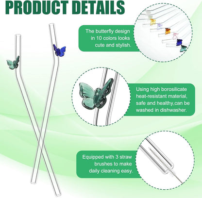 Meanplan 10 Pcs Cute Reusable Glass Straws with Design,8 mm x 7.9'' Shatter Resistant Butterfly Bow Clear Bent Glass Straw with Cleaning Brush for Drink Party Milkshakes Juice (Mixed Color)