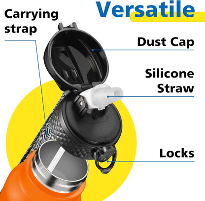 Han's Bottle Sports Water Bottle - 24 Oz, Straw Lid, Leak Proof, Vacuum Insulated Stainless Steel, Double Walled, Thermo Mug,Black