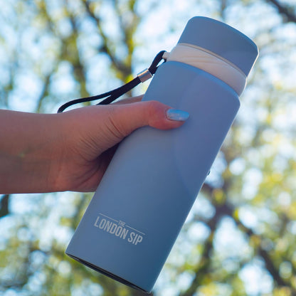 London Sip 25 oz Multi-Function Travel Mug and Tumbler Tea Infuser Water Bottle Fruit Infuser Flask Hot and Cold Double Wall Stainless Steel Coffee Thermos, Cosmic Silver
