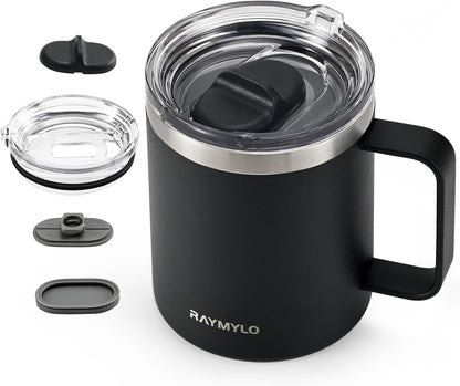 RAYMYLO Insulated Coffee Mug 12 oz, Double Wall Stainless Steel Coffee Mug with Lids, Leak-Proof & Detachable Slider Lid for Thorough Clean, Keeps Coffee Cold for 9 Hrs, Suitable for Camp Home Office