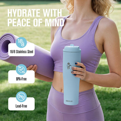 Coolflask Water Bottle 40 oz Fits Car Cup Holder, Slim Tumbler Stainless Steel with Straw & Handle, Vacuum Flask Leakproof Wide Mouth for Travel Sports Gym, Black
