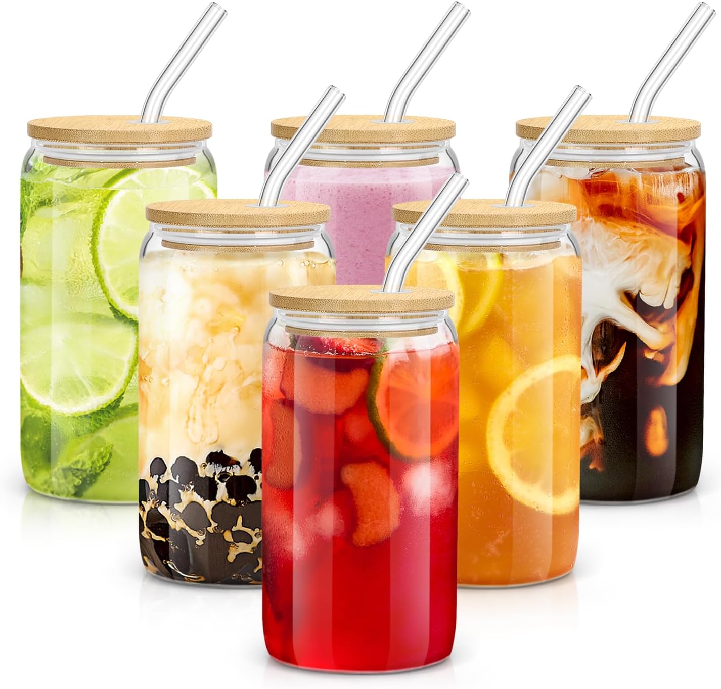 sungwoo 4PCS Glass Cups with Bamboo Lids and Straws, 16OZ Ice Coffee Cup, Drinking Cup set with Wooden Lids, Home Essential Glass Tumblers for Beer, Cocktail, Tea and Latte Clear