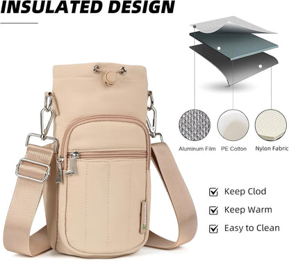 Rueesh Water Bottle Holder Bag with Adjustable Strap, Insulated Bottle Carrier Bag RFID Crossbody Sling Bag for Gym Walking