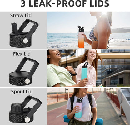 BJPKPK Insulated Water Bottles with Straw Lid, 40oz Stainless Steel Water Bottles with 3 Lids, BPA Free Leakproof Thermo, Tumblers, Cups for Sports, Gym- Midnight - Colors B